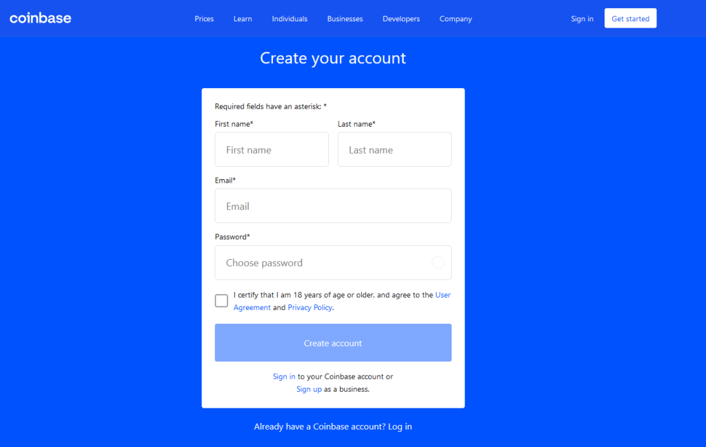 coinbase registration page